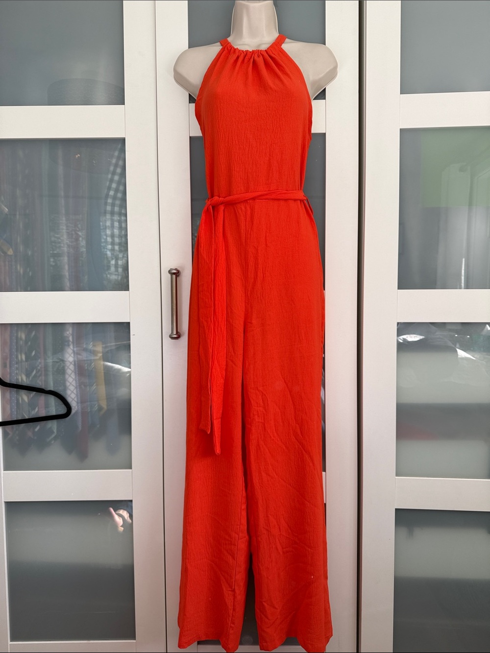 Shein Bright Orange Halter Jumpsuit with Waist Tie Sz M